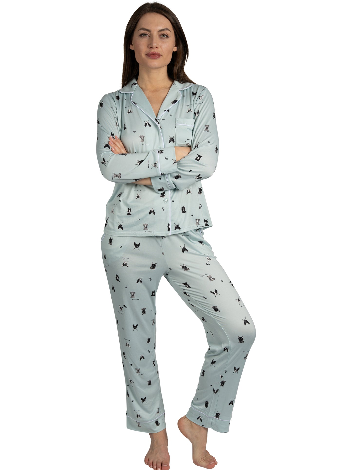 Women's Dog Illustrations 2-Piece Long Sleeve Notch Collar Top and Pants Pajama Set Recycled Fabric