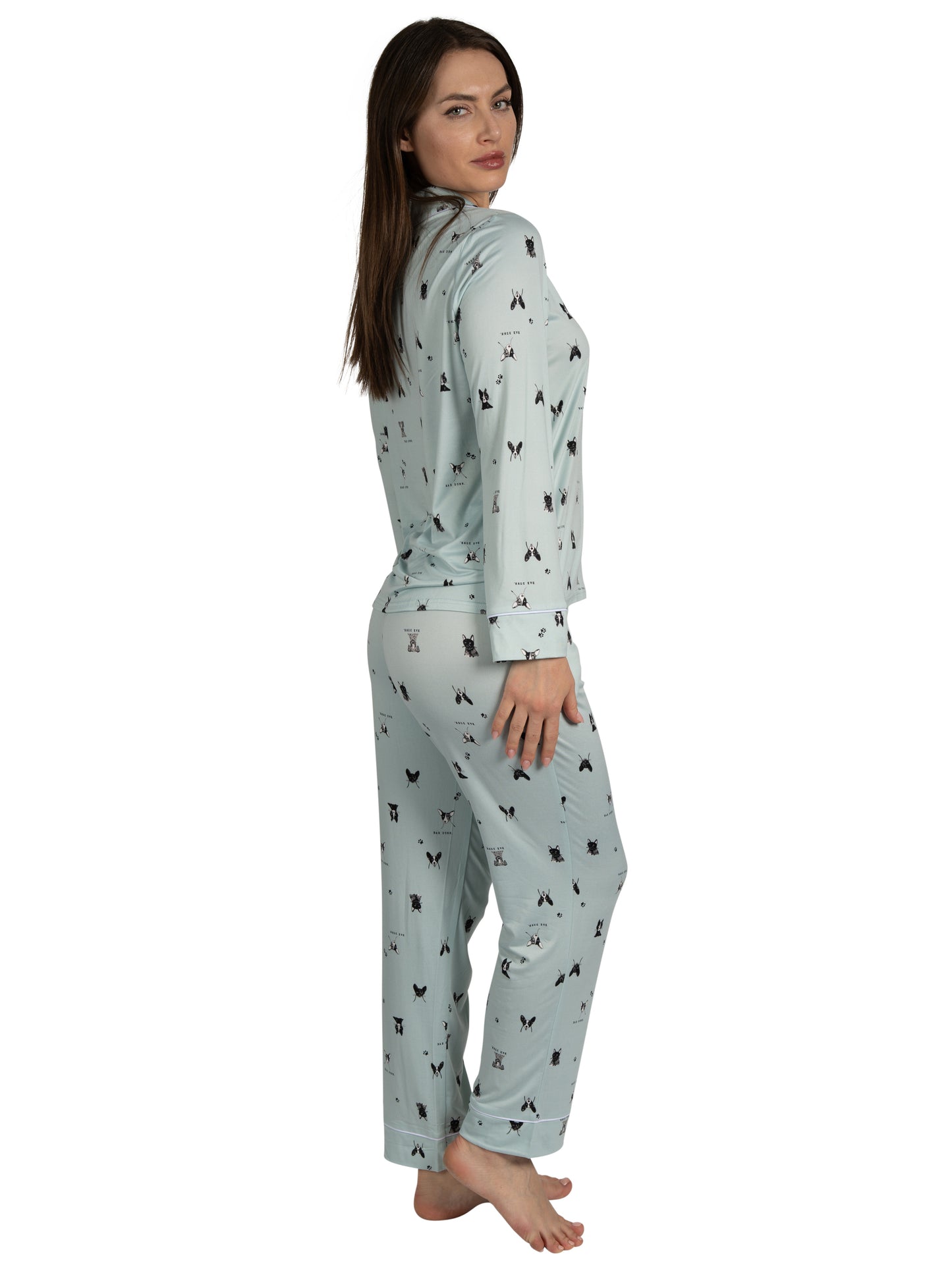 Women's Dog Illustrations 2-Piece Long Sleeve Notch Collar Top and Pants Pajama Set Recycled Fabric