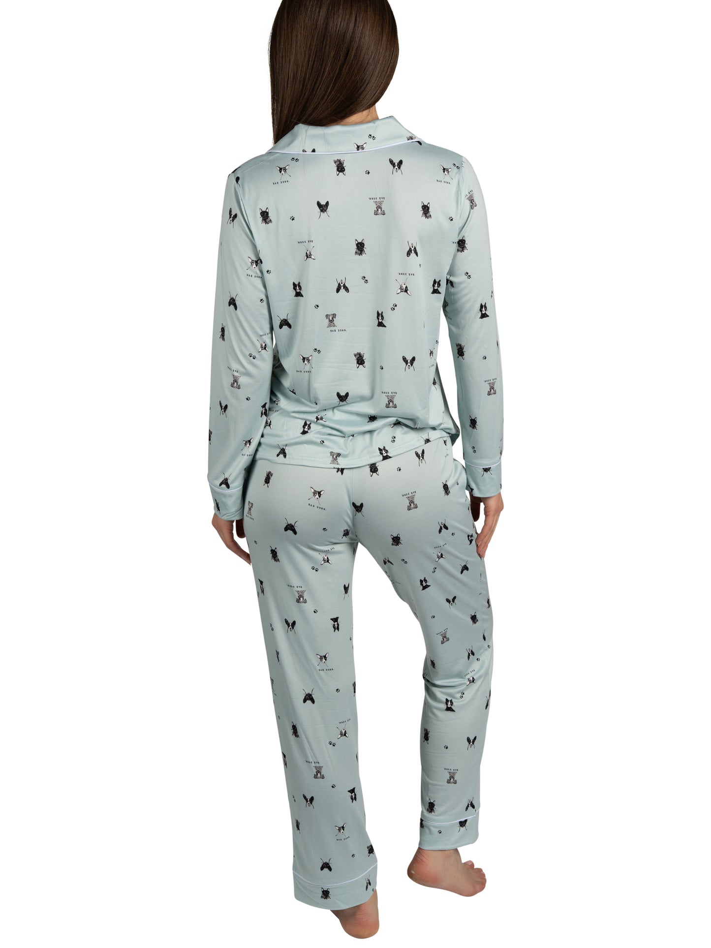Women's Dog Illustrations 2-Piece Long Sleeve Notch Collar Top and Pants Pajama Set Recycled Fabric