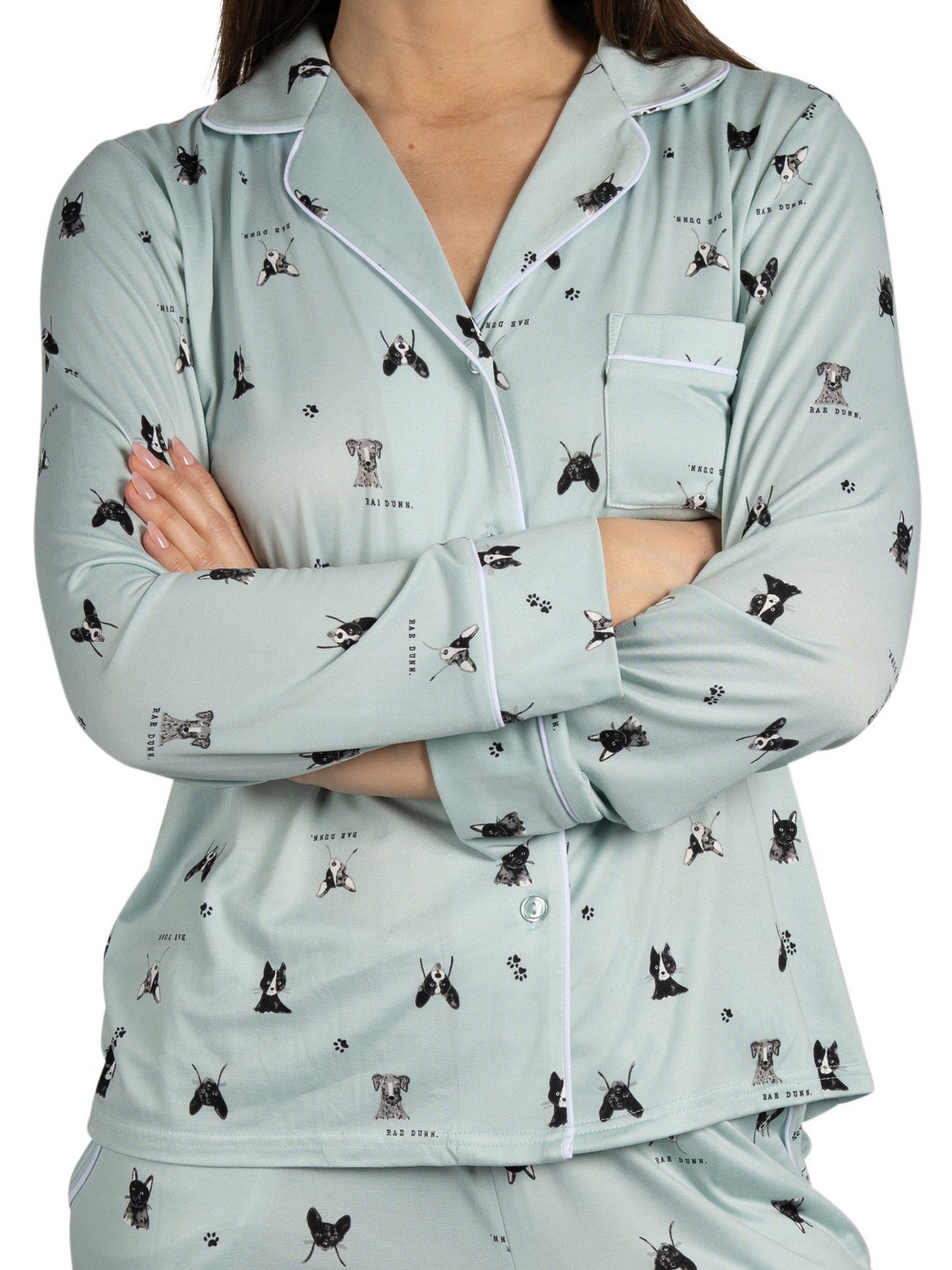 Women's Dog Illustrations 2-Piece Long Sleeve Notch Collar Top and Pants Pajama Set Recycled Fabric