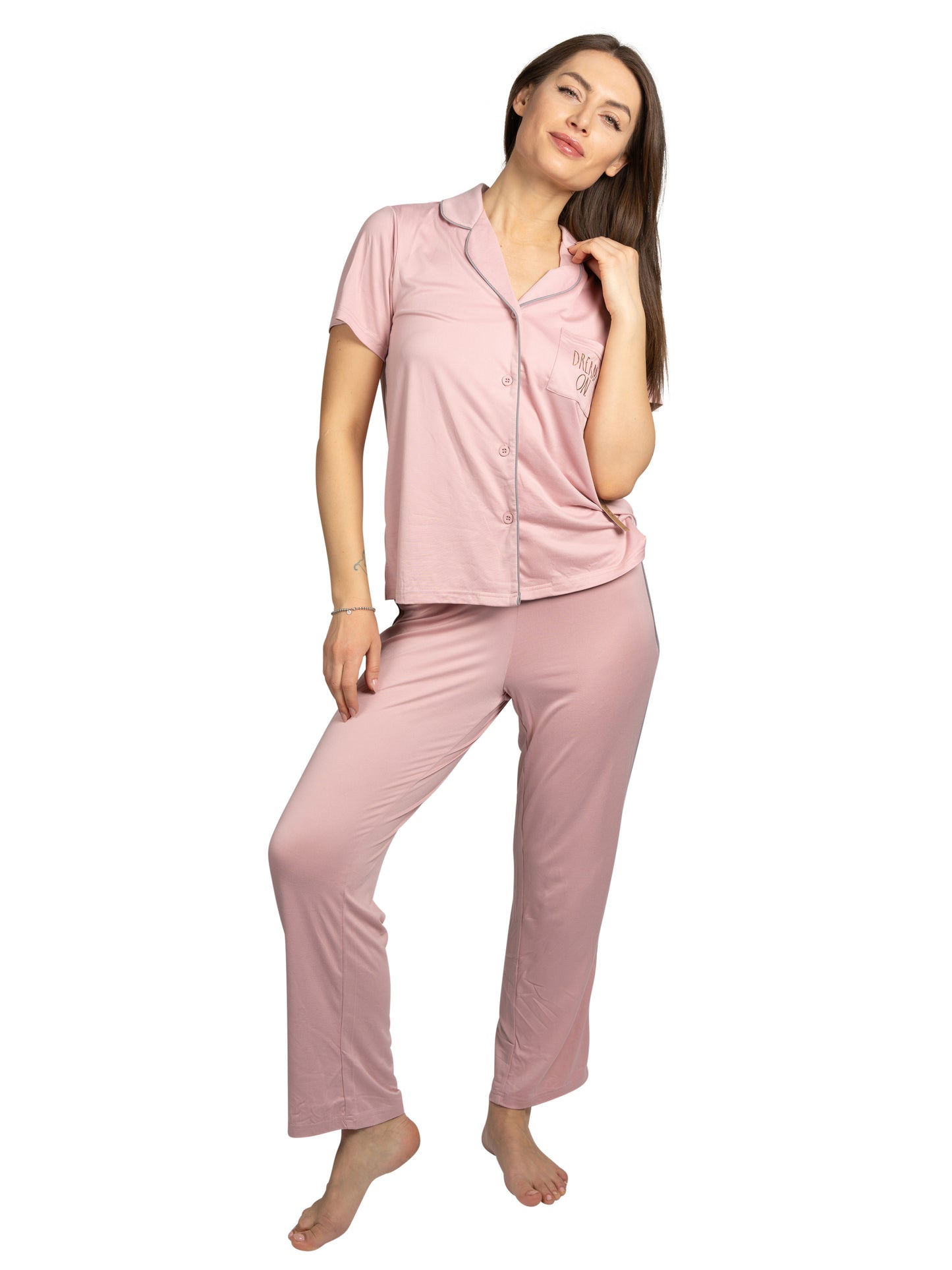 Women's "DREAM ON" 2-Piece Short Sleeve Notch Collar Top and Pants Pajama Set