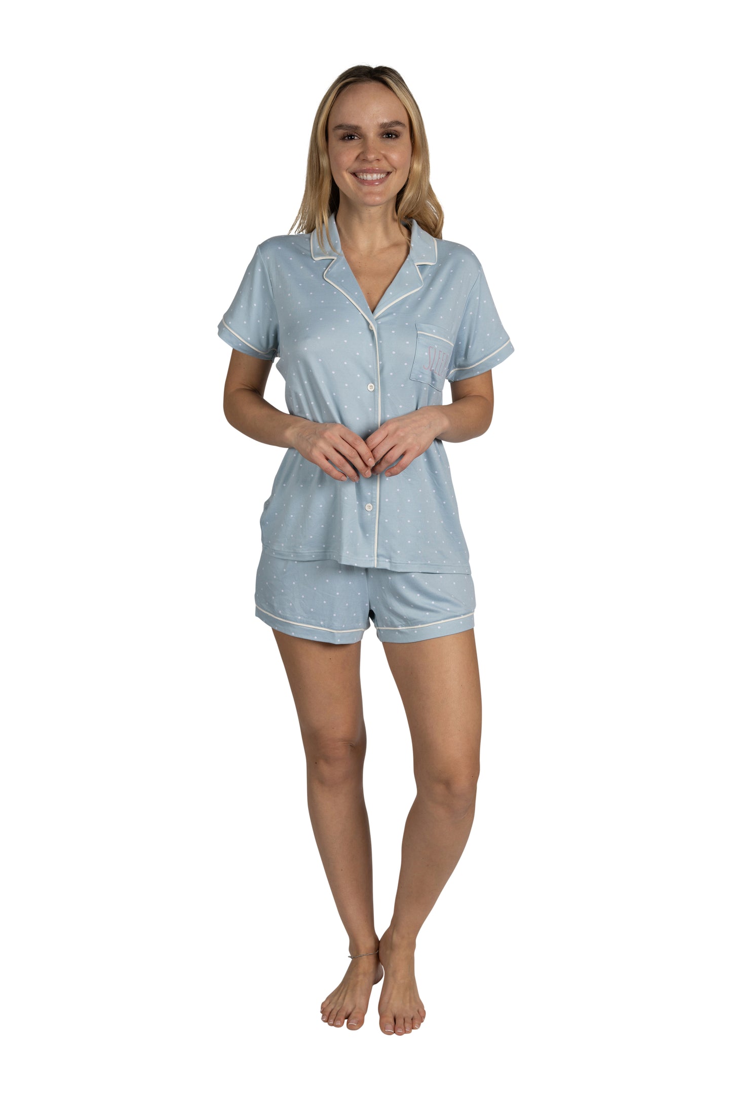 Women's "SLEEP" 3-Piece Pajama Set Short Sleeve Notch Collar Top, Shorts, and Comfy Pants Pj Set