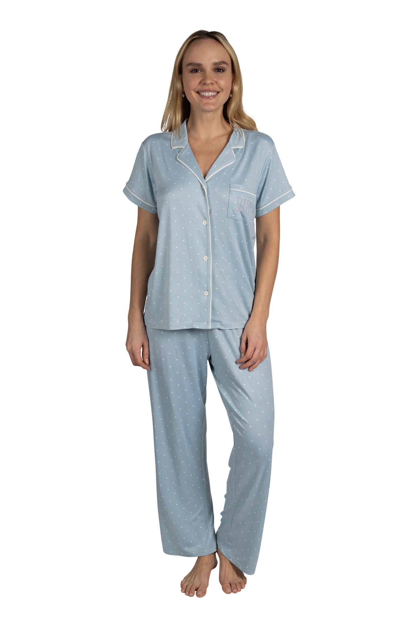 Women's "SLEEP" 3-Piece Pajama Set Short Sleeve Notch Collar Top, Shorts, and Comfy Pants Pj Set