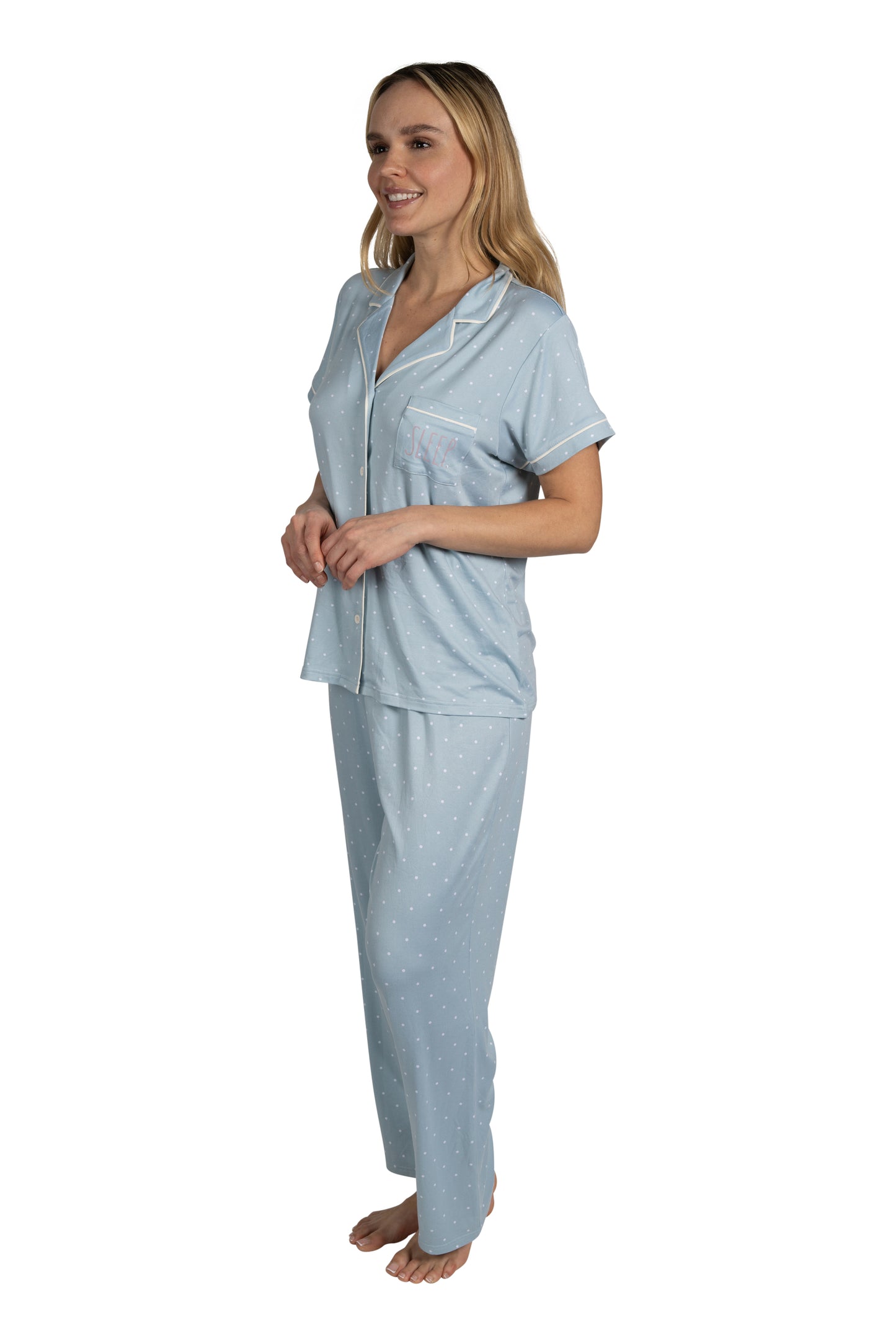 Women's "SLEEP" 3-Piece Pajama Set Short Sleeve Notch Collar Top, Shorts, and Comfy Pants Pj Set