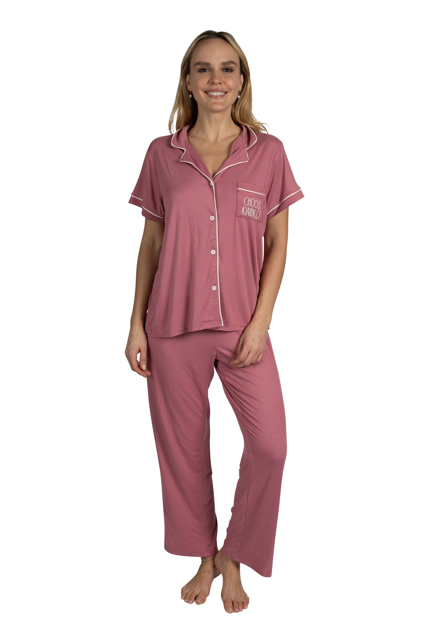Women's "CHOOSE KINDNESS" 3-Piece Pajama Set Short Sleeve Notch Collar Top, Shorts, and Comfy Pants Pj Set Recycled Fabric
