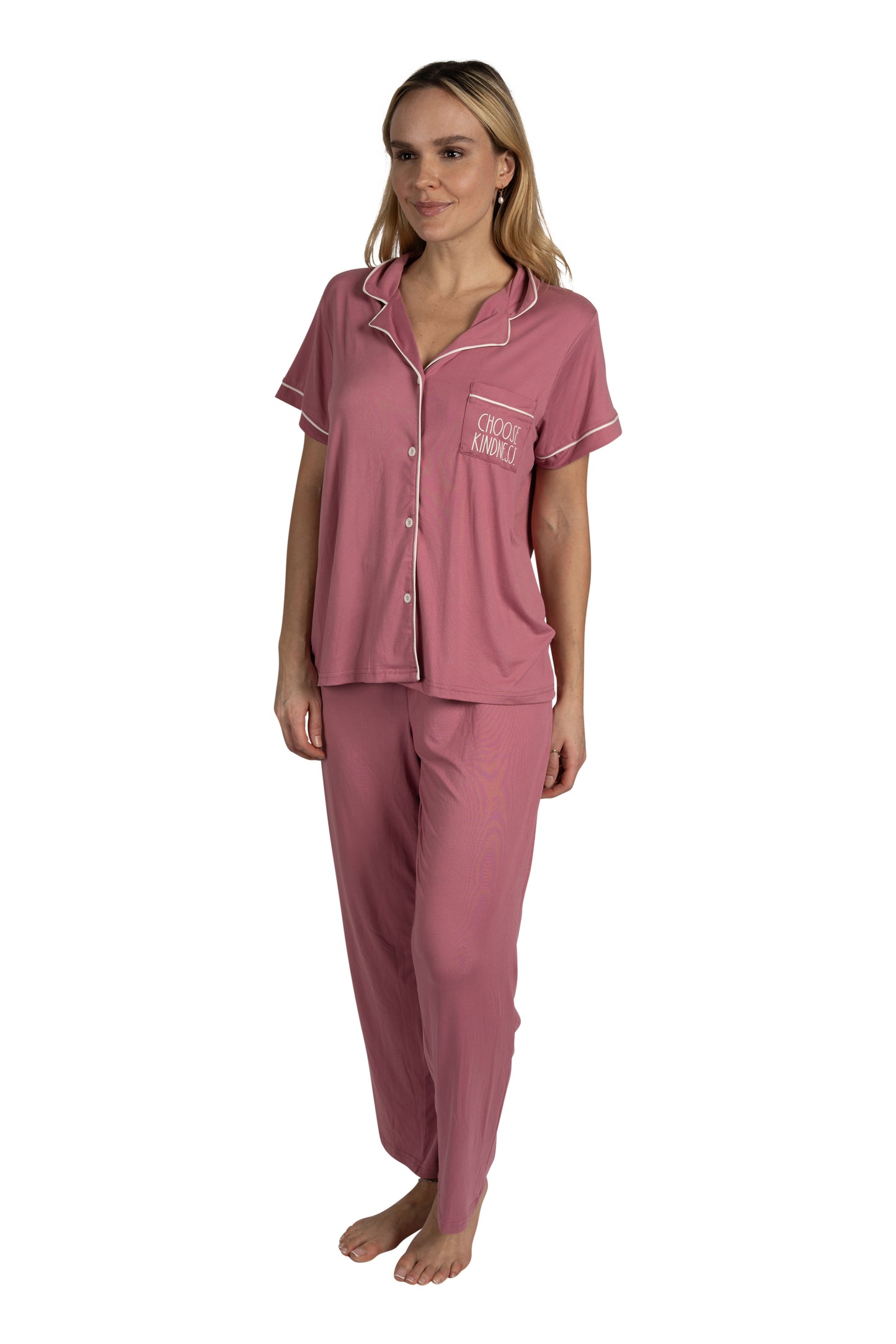 Women's "CHOOSE KINDNESS" 3-Piece Pajama Set Short Sleeve Notch Collar Top, Shorts, and Comfy Pants Pj Set Recycled Fabric