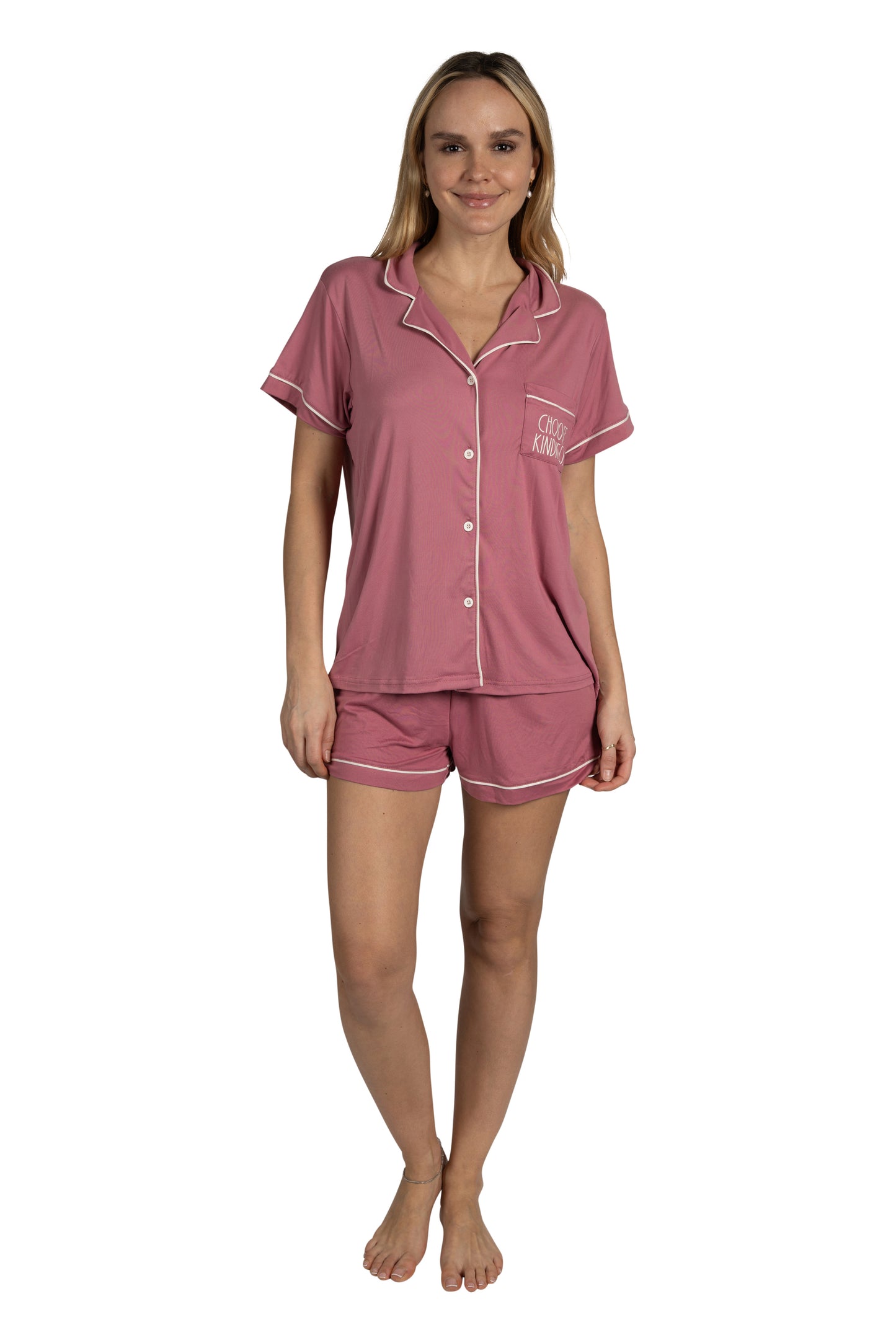 Women's "CHOOSE KINDNESS" 3-Piece Pajama Set Short Sleeve Notch Collar Top, Shorts, and Comfy Pants Pj Set Recycled Fabric
