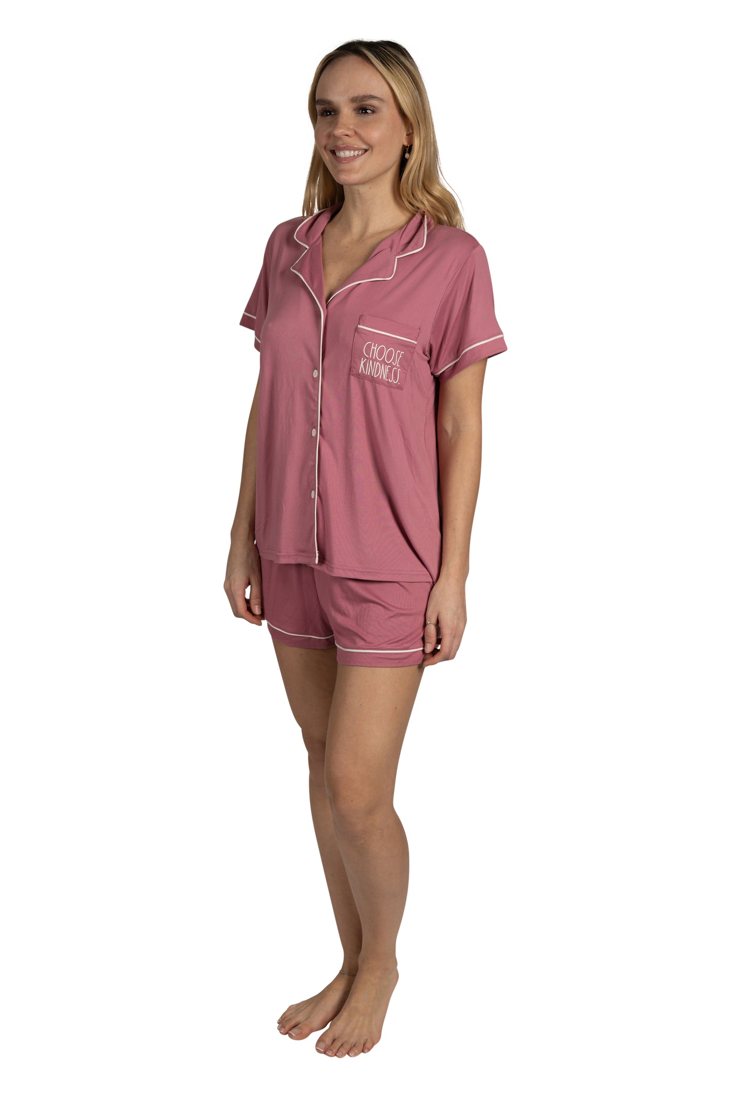 Women's "CHOOSE KINDNESS" 3-Piece Pajama Set Short Sleeve Notch Collar Top, Shorts, and Comfy Pants Pj Set Recycled Fabric
