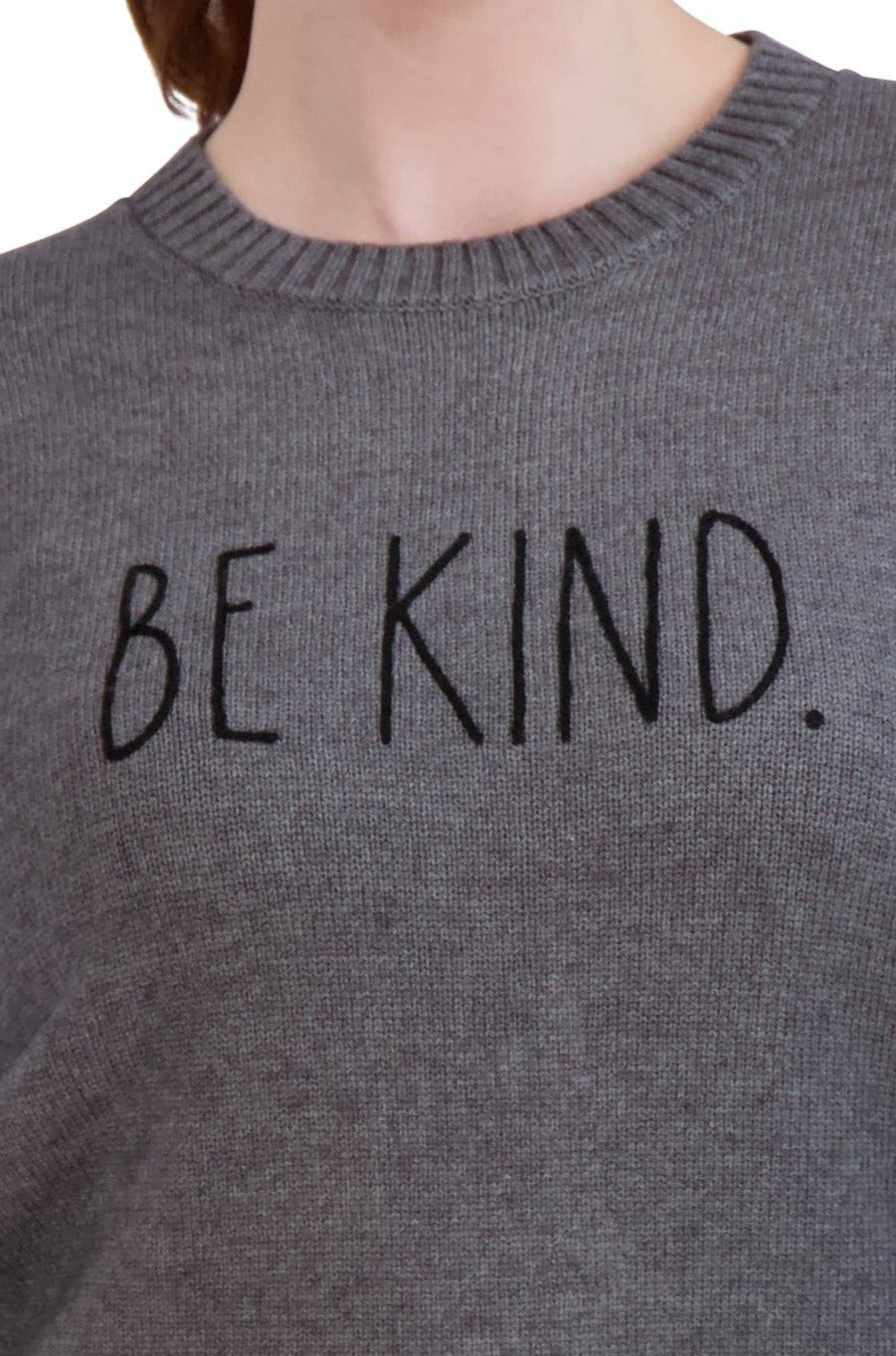 Women's Embroidered "BE KIND" Knit Gray Sweater - Rae Dunn Wear - W Sweater