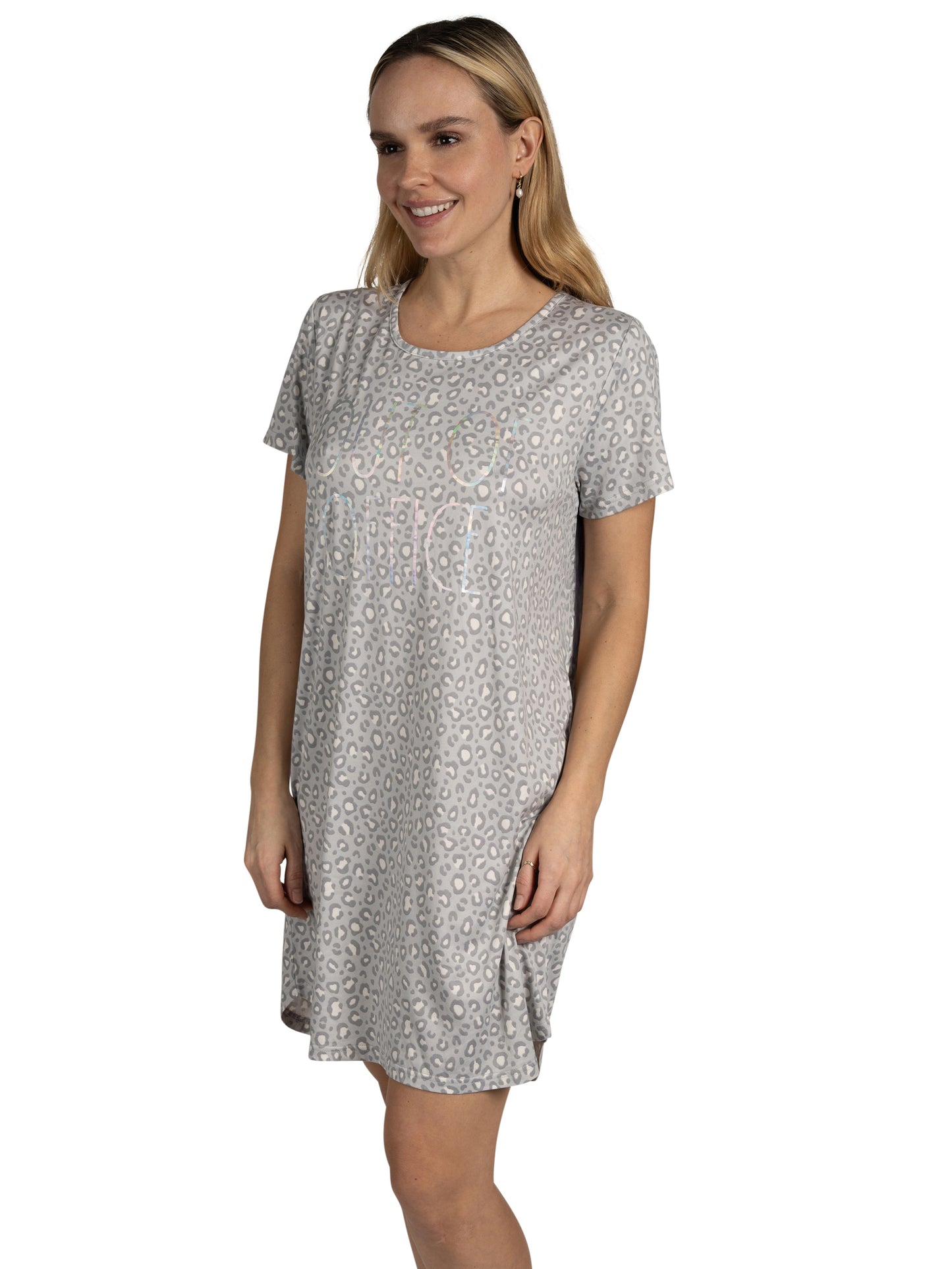 Women's 2-Pack Short Sleeve Shirttail Nightshirts Grey "OUT OF OFFICE" & "TAKE IT EASY" with Recycled Fabric