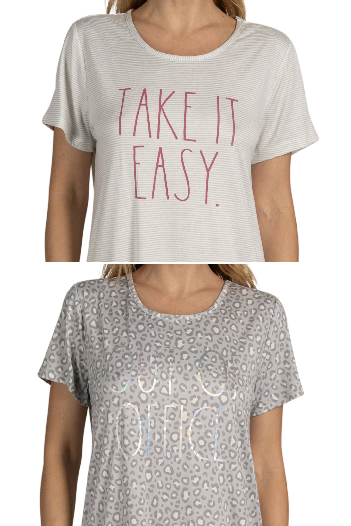 Women's 2-Pack Short Sleeve Shirttail Nightshirts Grey "OUT OF OFFICE" & "TAKE IT EASY" with Recycled Fabric