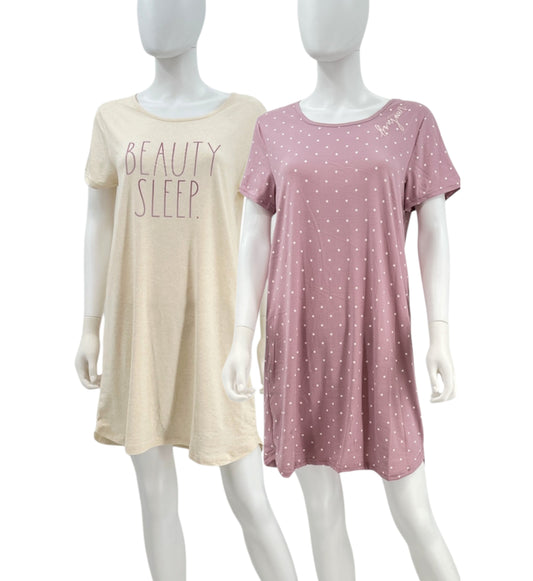 Women's 2-Pack Short Sleeve Shirttail Nightshirts Beige Pink "BONJOUR" & "BEAUTY SLEEP"