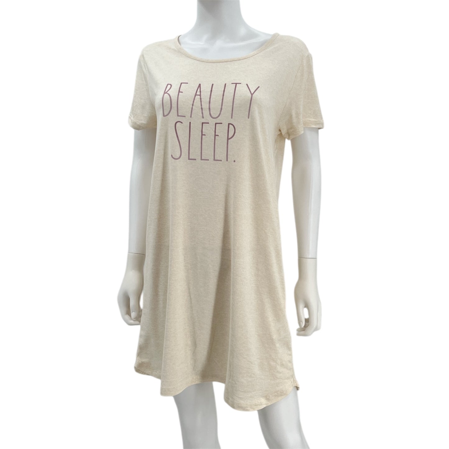 Women's 2-Pack Short Sleeve Shirttail Nightshirts Beige Pink "BONJOUR" & "BEAUTY SLEEP" with Recycled Fabric