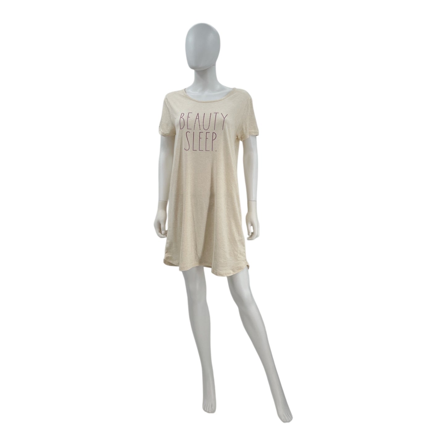 Women's 2-Pack Short Sleeve Shirttail Nightshirts Beige Pink "BONJOUR" & "BEAUTY SLEEP" with Recycled Fabric