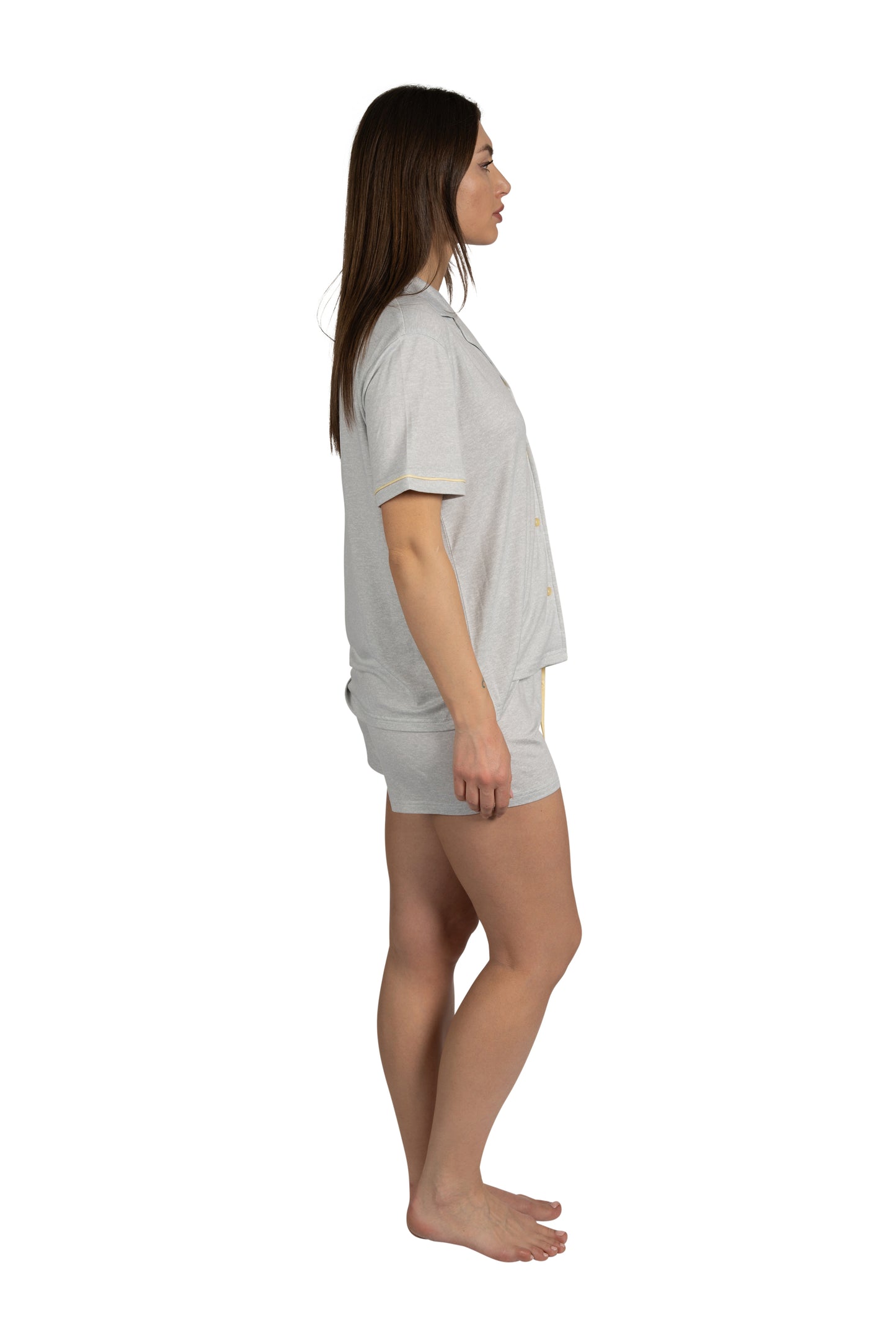 Women's GOOD VIBES Short Sleeve Notch Collar Top and Elastic Waistband Shorts Soft Grey Pajama Set