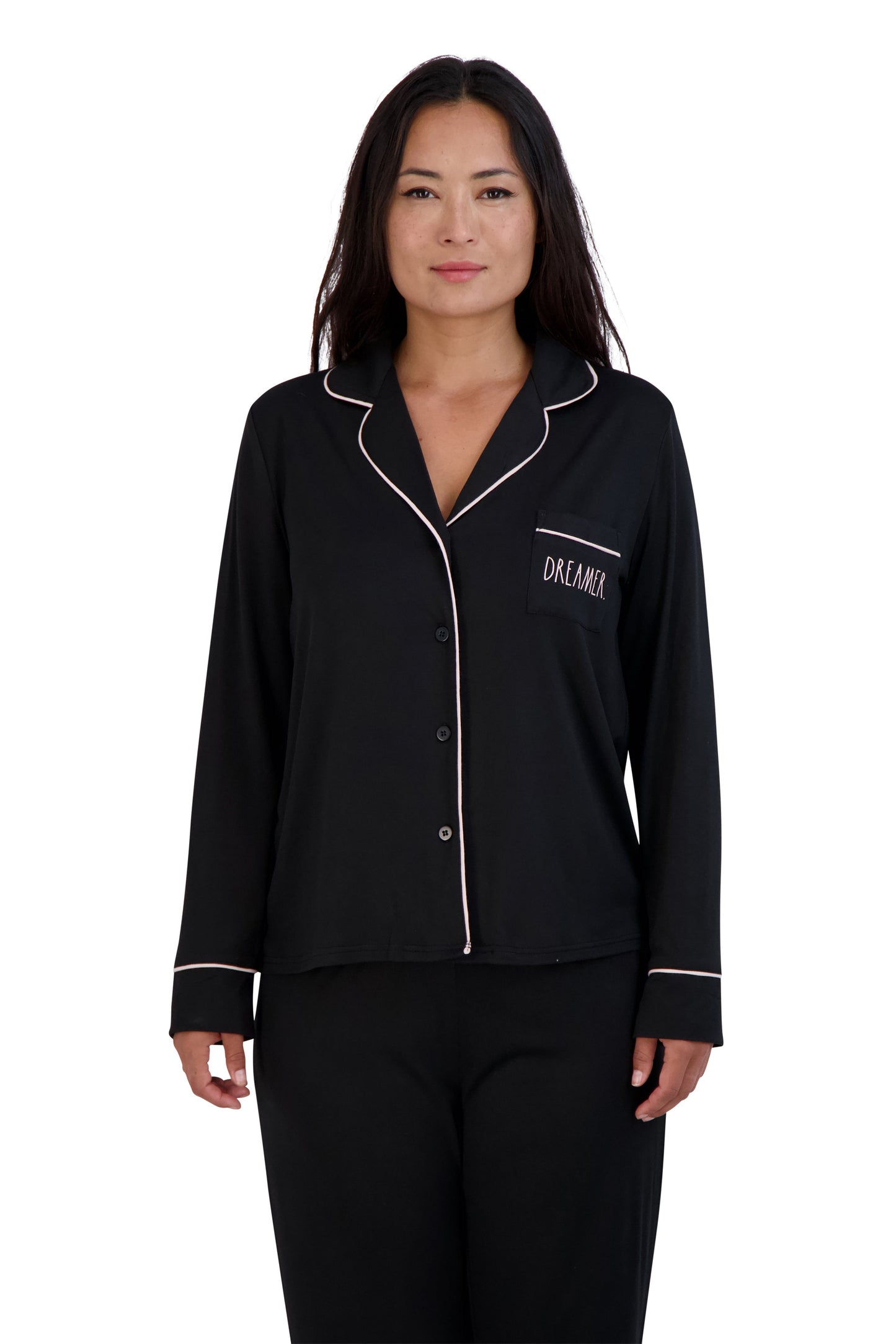 Women's "DREAMER" Long Sleeve Notch Collar Top and Tapered Pants Pajama Set - Rae Dunn Wear