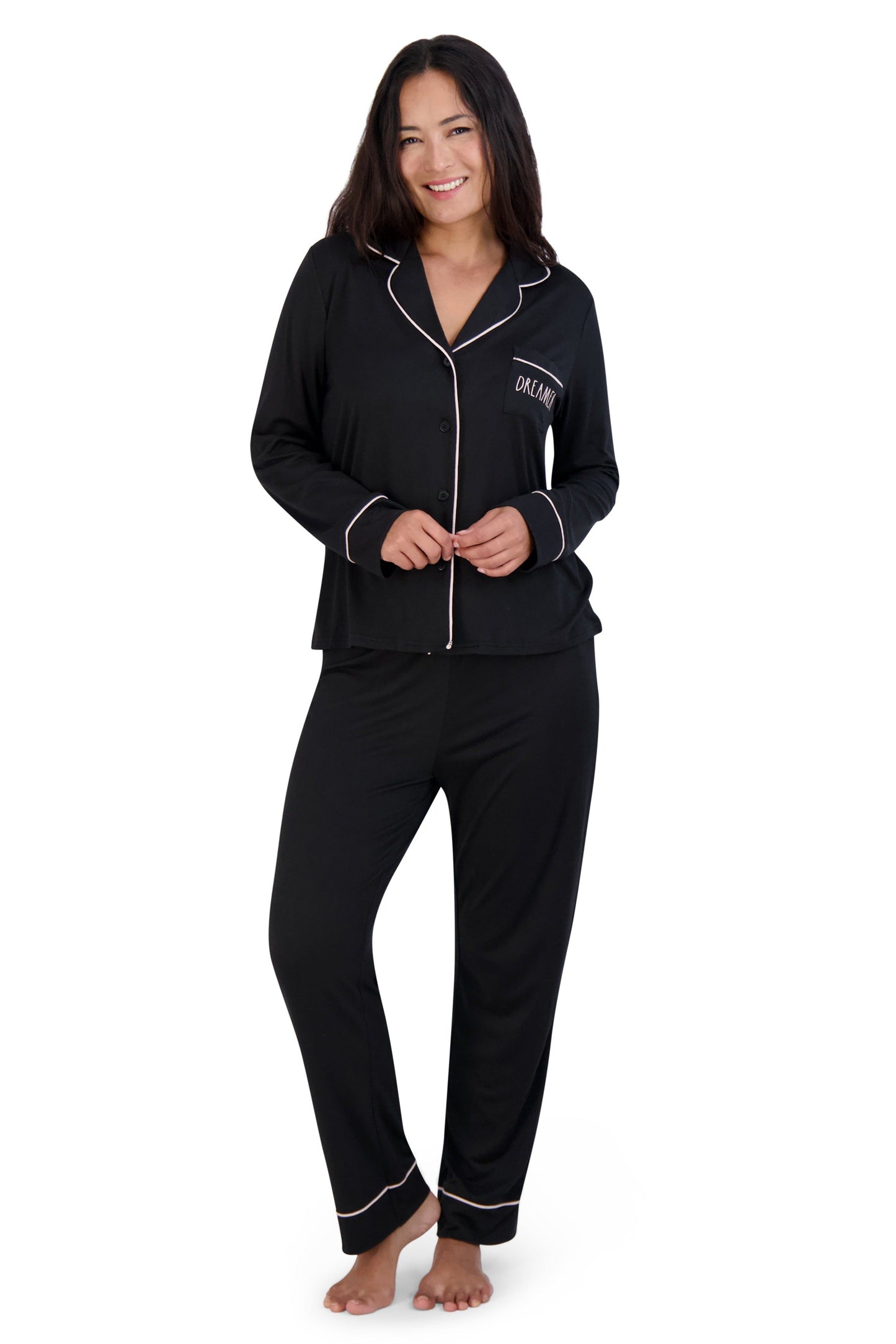 Women's "DREAMER" Long Sleeve Notch Collar Top and Tapered Pants Pajama Set - Rae Dunn Wear