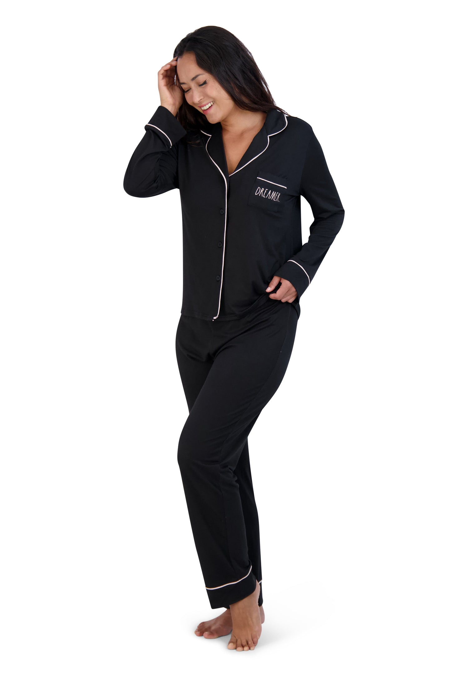Women's "DREAMER" Long Sleeve Notch Collar Top and Tapered Pants Pajama Set - Rae Dunn Wear