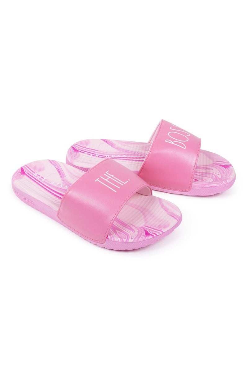 Rae Dunn Girl's "THE BOSS" Marble Pink Pool Slides