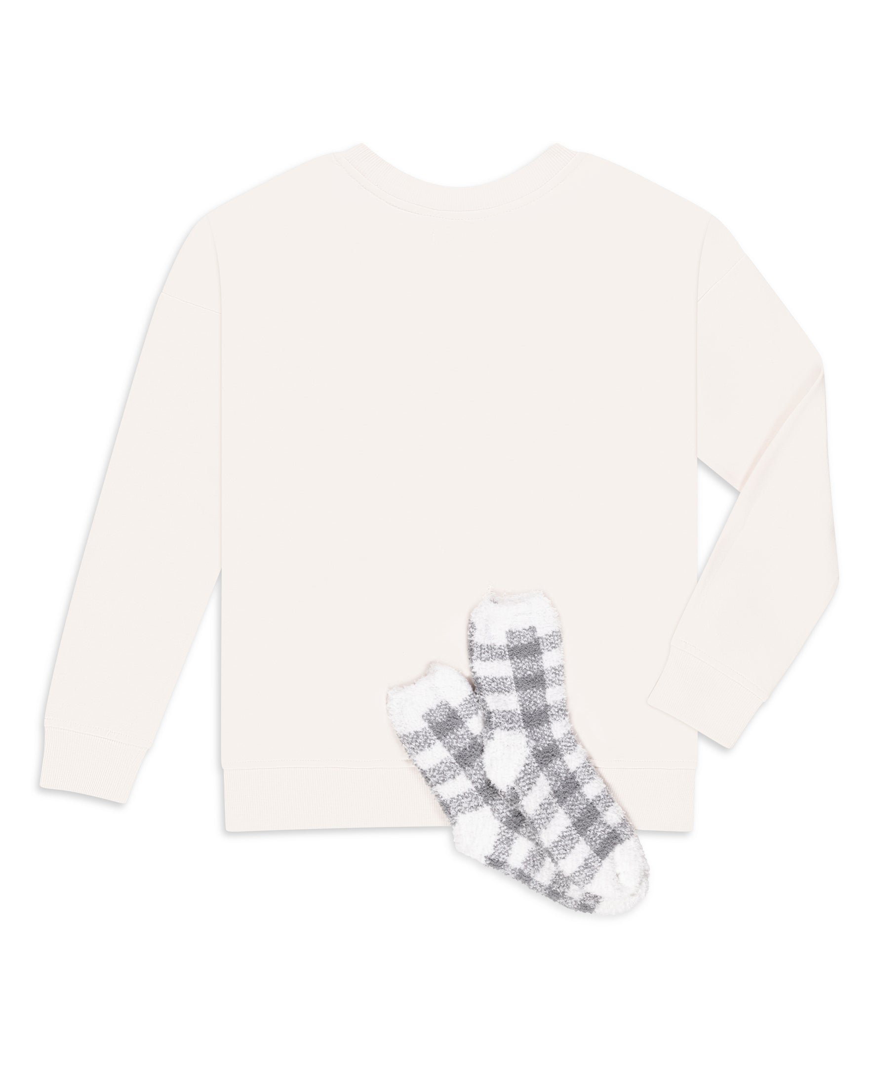 Women's "SNUGGLE" Drop Shoulder Sweatshirt and Plaid Socks Set - Rae Dunn Wear - W Sweatshirt