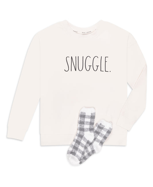 Women's "SNUGGLE" Drop Shoulder Sweatshirt and Plaid Socks Set - Rae Dunn Wear - W Sweatshirt