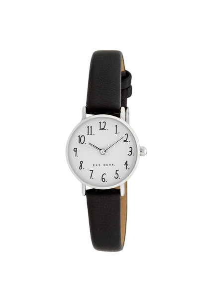 MEGAN Round Face Vegan Leather Strap Watch in Black with Silver, 26mm - Rae Dunn Wear - Watch