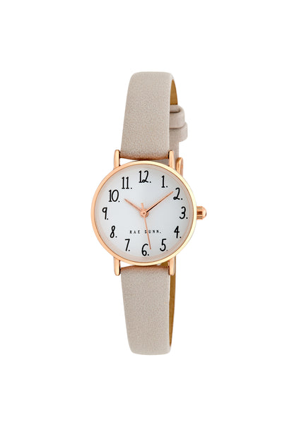 MEGAN Round Face Vegan Leather Strap Watch in Taupe with Rose Gold, 26mm - Rae Dunn Wear - Watch
