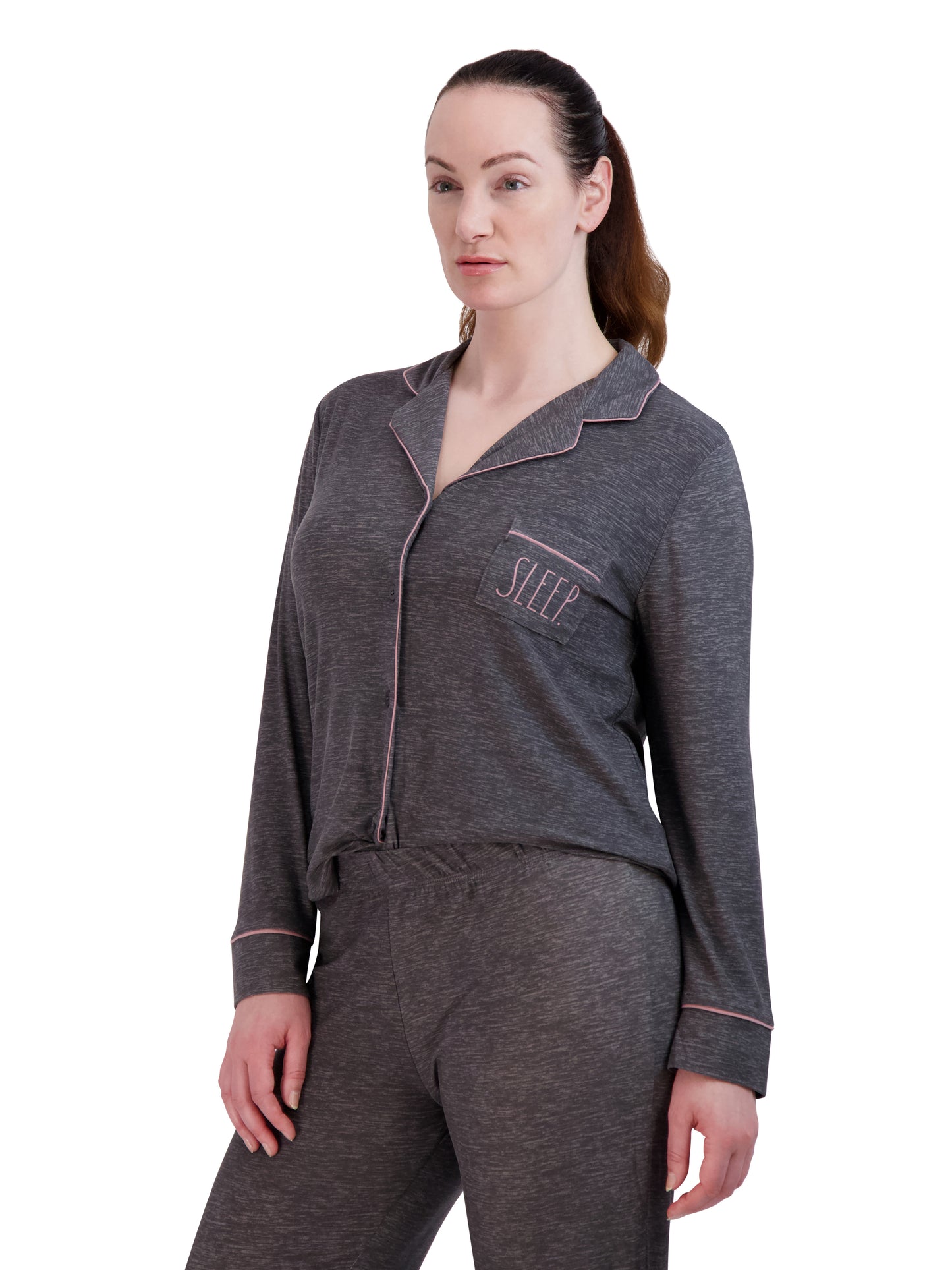 Women's "SLEEP" Long Sleeve Notch Collar Top and Tapered Pants Pajama Set - Rae Dunn Wear - W Pants Set