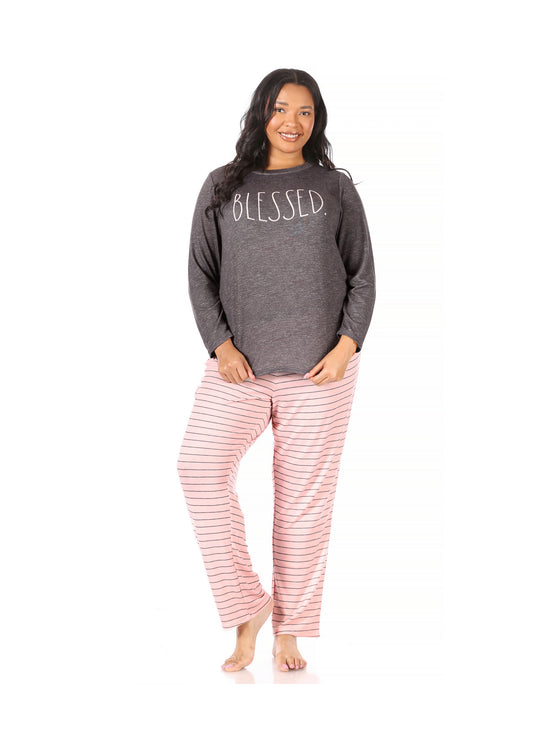 Women's Plus Size "BLESSED" Long Sleeve Top and Tapered Pant Pajama Set - Rae Dunn Wear - W Pants Set
