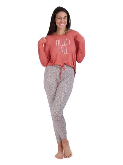 Women's "HELLO FALL" Long Sleeve Top and Drawstring Joggers Pajama Set - Rae Dunn Wear - W Pants Set