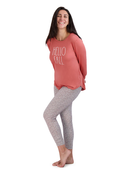 Women's "HELLO FALL" Long Sleeve Top and Drawstring Joggers Pajama Set - Rae Dunn Wear - W Pants Set