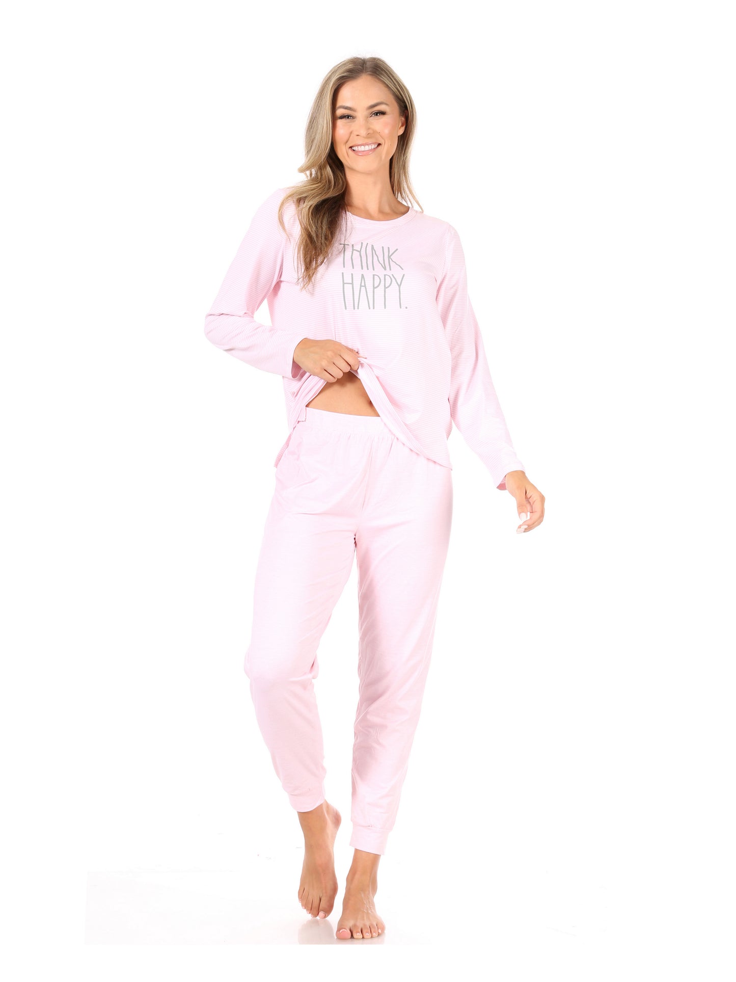 Women's "THINK HAPPY" Long Sleeve Top and Jogger Pajama Set - Rae Dunn Wear - W Pants Set