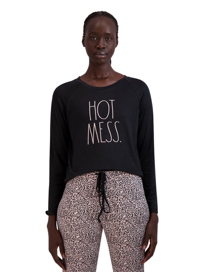 Women's "HOT MESS" Long Sleeve Top and Drawstring Joggers Pajama Set - Rae Dunn Wear - W Pants Set