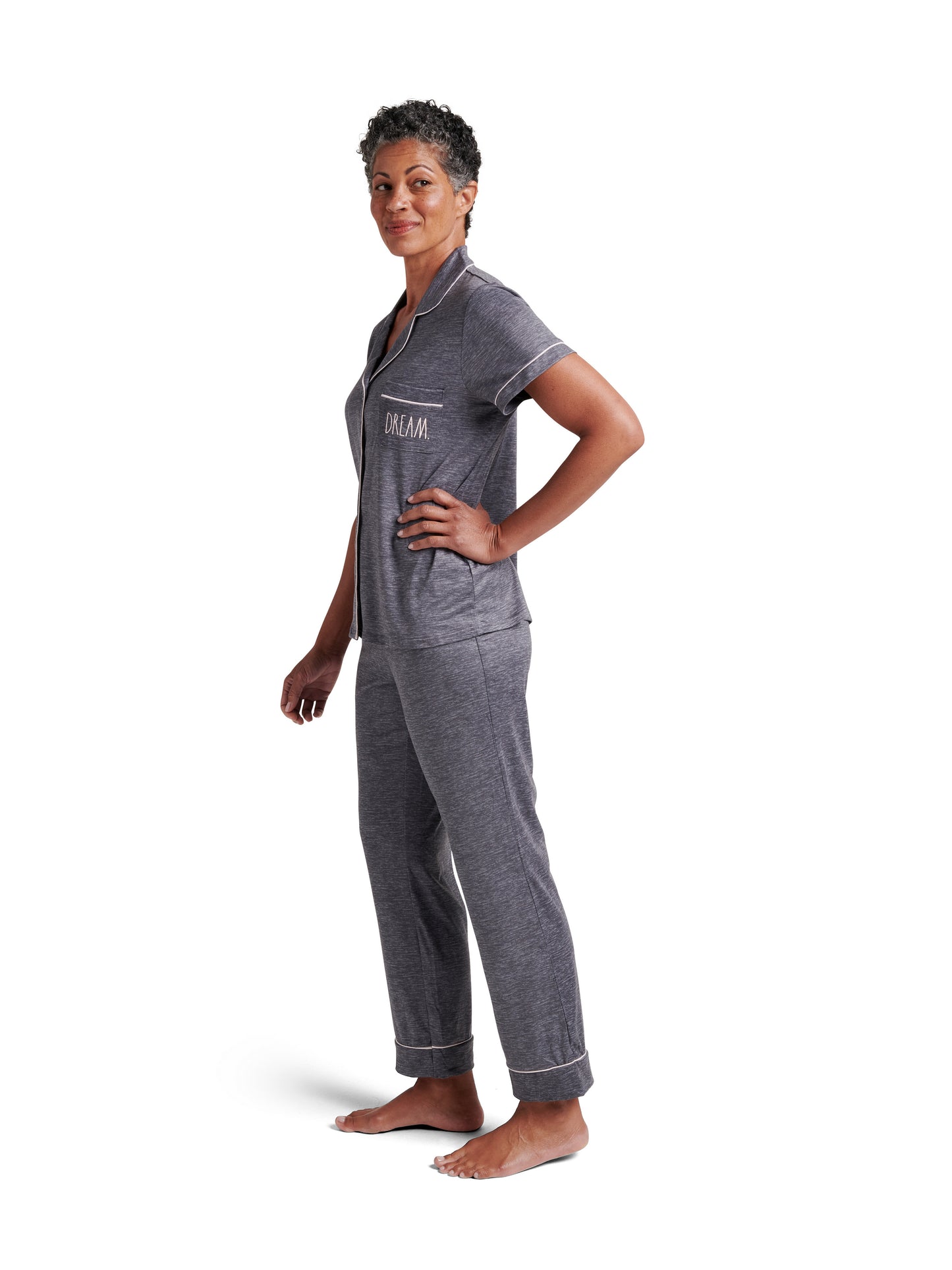 Women's "DREAM" Short Sleeve Notch Collar Top and Pant Pajama Set - Rae Dunn Wear - W Pants Set