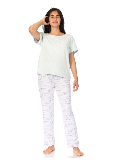 Women's "GOOD VIBES" Short Sleeve Top and Drawstring Pant Pajama Set - Rae Dunn Wear - W Pants Set