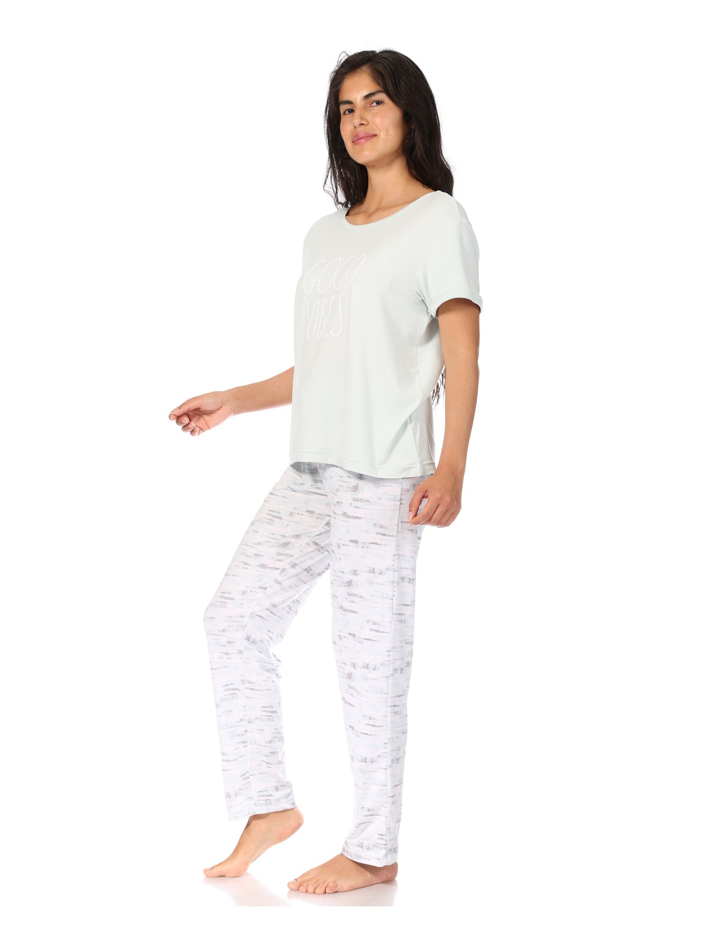 Women's "GOOD VIBES" Short Sleeve Top and Drawstring Pant Pajama Set - Rae Dunn Wear - W Pants Set