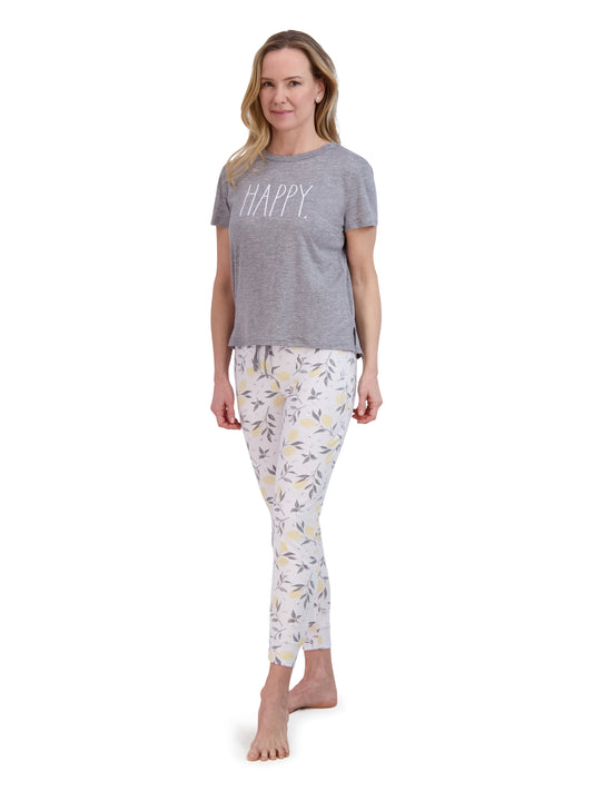 Women's "HAPPY" Short Sleeve Boxy Top and Drawstring Lemon Print Joggers Pajama Set - Rae Dunn Wear - W Pants Set