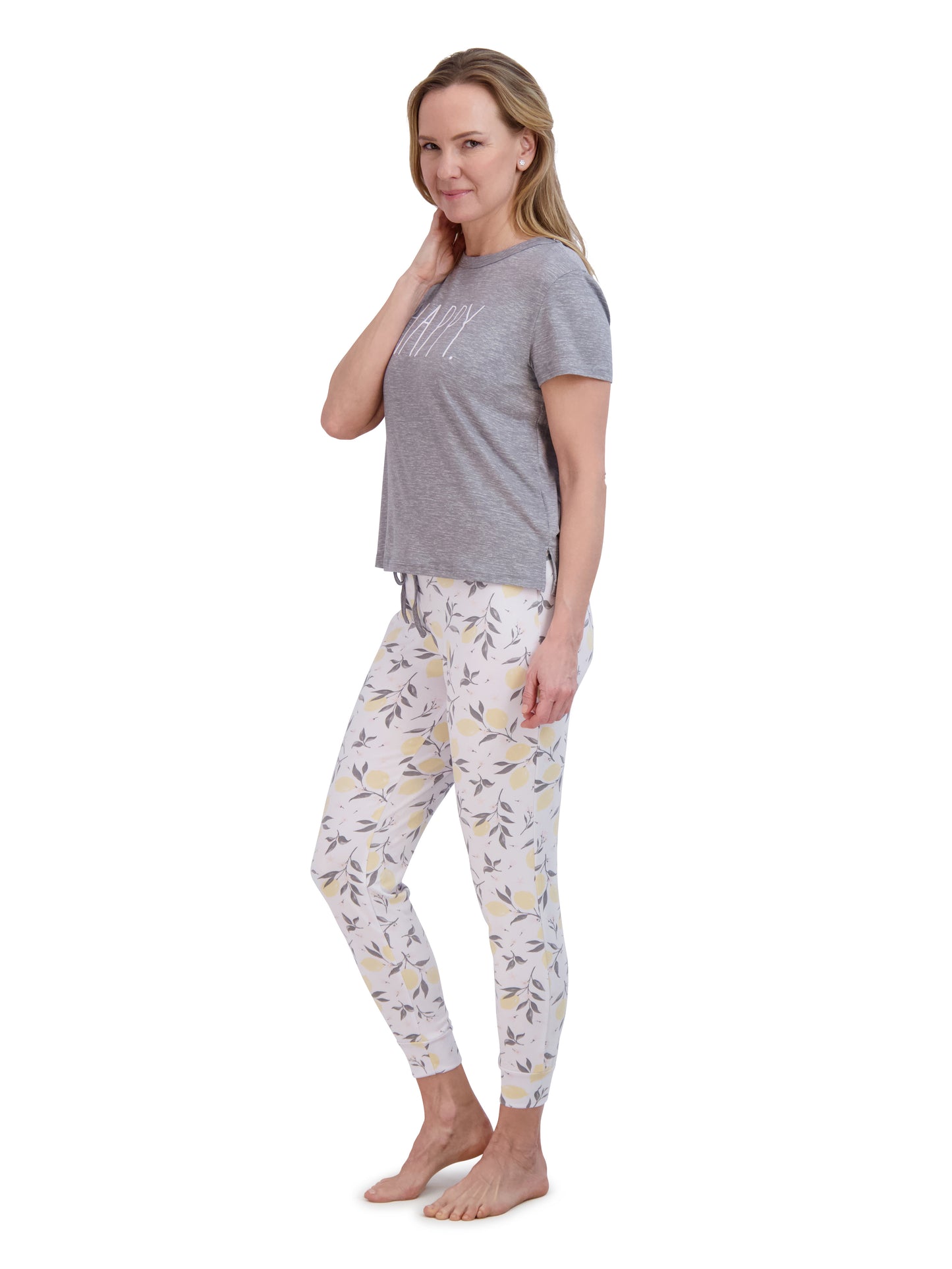 Women's "HAPPY" Short Sleeve Boxy Top and Drawstring Lemon Print Joggers Pajama Set - Rae Dunn Wear - W Pants Set