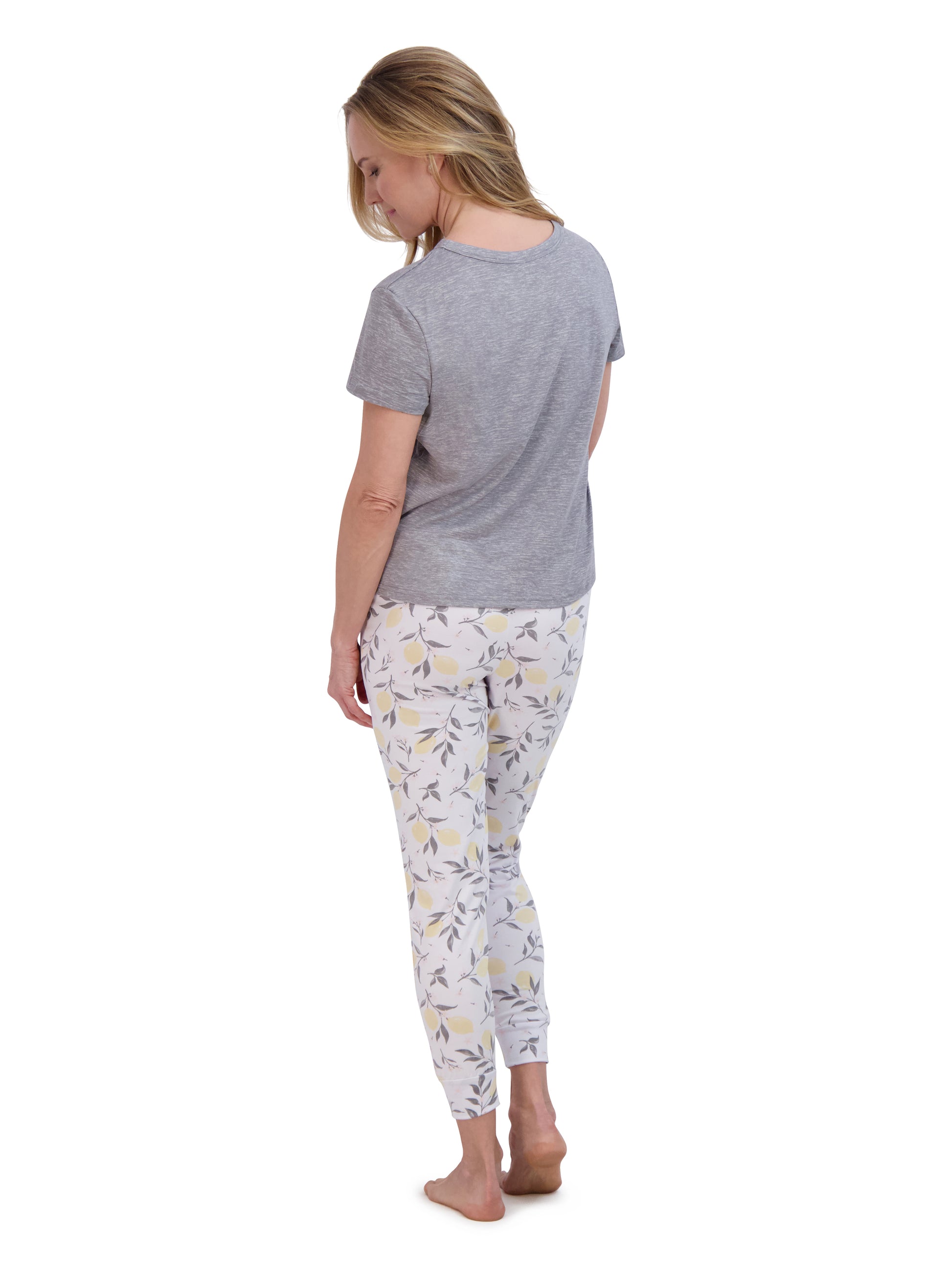 Women's "HAPPY" Short Sleeve Boxy Top and Drawstring Lemon Print Joggers Pajama Set - Rae Dunn Wear - W Pants Set