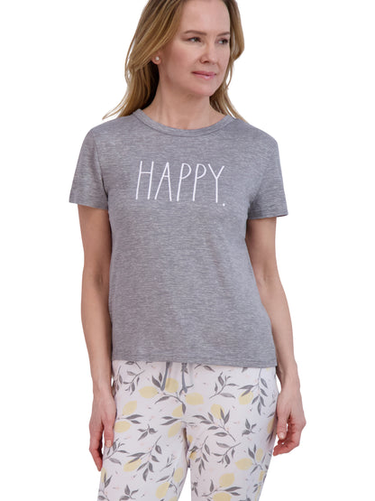 Women's "HAPPY" Short Sleeve Boxy Top and Drawstring Lemon Print Joggers Pajama Set - Rae Dunn Wear - W Pants Set