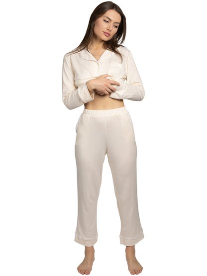 Women's "COFFEE PLEASE" 2-Piece Long Sleeve Notch Collar Top and Pants Pajama Set with Recycled Fabric