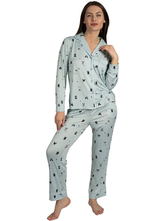 Women's Dog Illustrations 2-Piece Long Sleeve Notch Collar Top and Pants Pajama Set Recycled Fabric