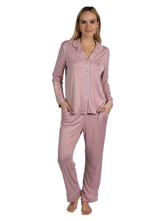 Women's "SLEEP" 2-Piece Long Sleeve Notch Collar Top and Pants Pajama Set Recycled Fabric