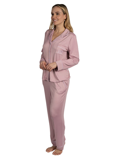 Women's "SLEEP" 2-Piece Long Sleeve Notch Collar Top and Pants Pajama Set Recycled Fabric