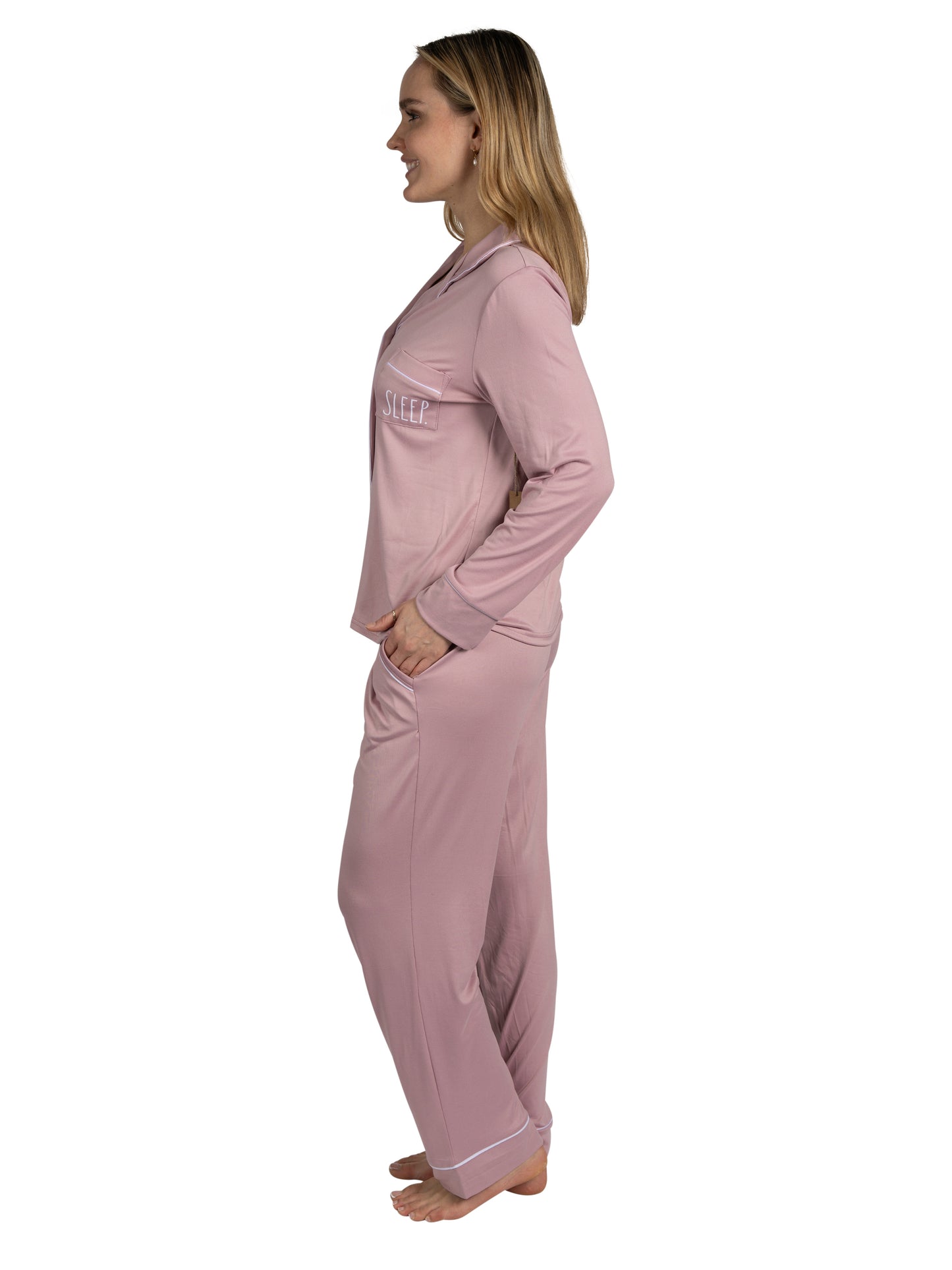 Women's "SLEEP" 2-Piece Long Sleeve Notch Collar Top and Pants Pajama Set Recycled Fabric