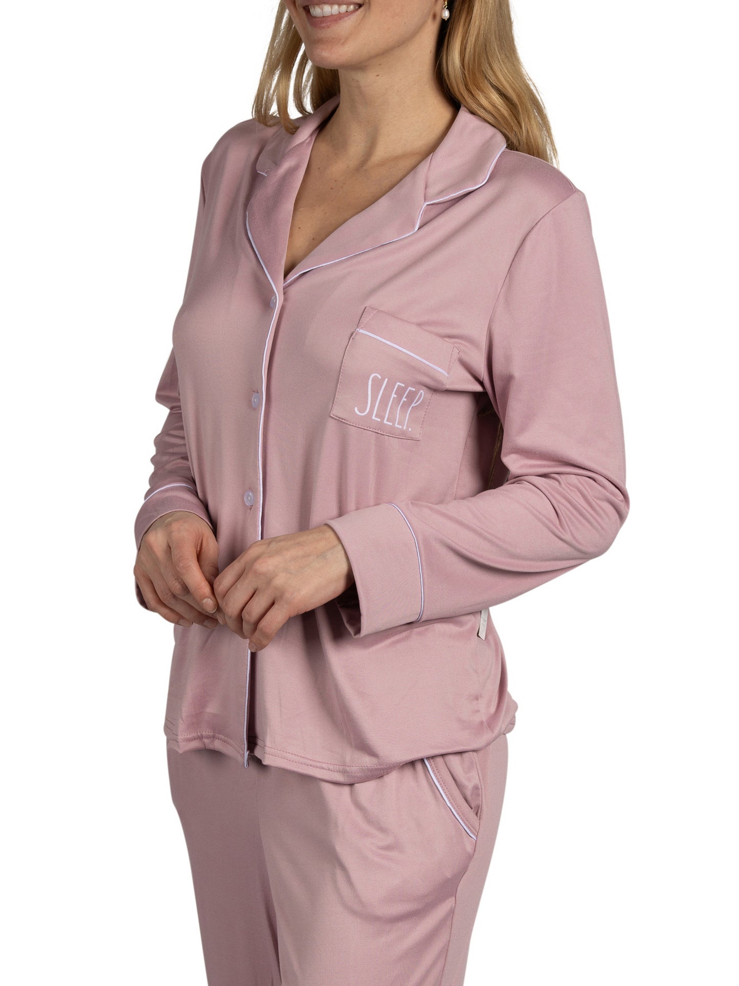 Women's "SLEEP" 2-Piece Long Sleeve Notch Collar Top and Pants Pajama Set Recycled Fabric