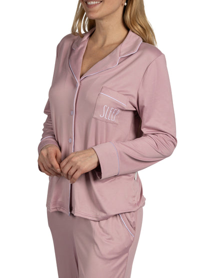 Women's "SLEEP" 2-Piece Long Sleeve Notch Collar Top and Pants Pajama Set Recycled Fabric