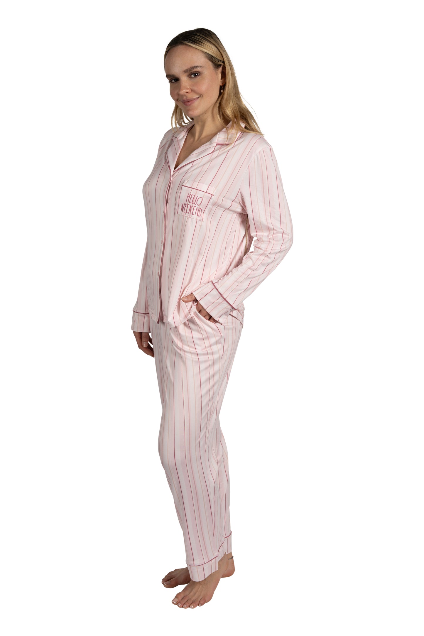 Women's "HELLO WEEKEND" 2-Piece Long Sleeve Notch Collar Top and Pants Pajama Set Recycled Fabric