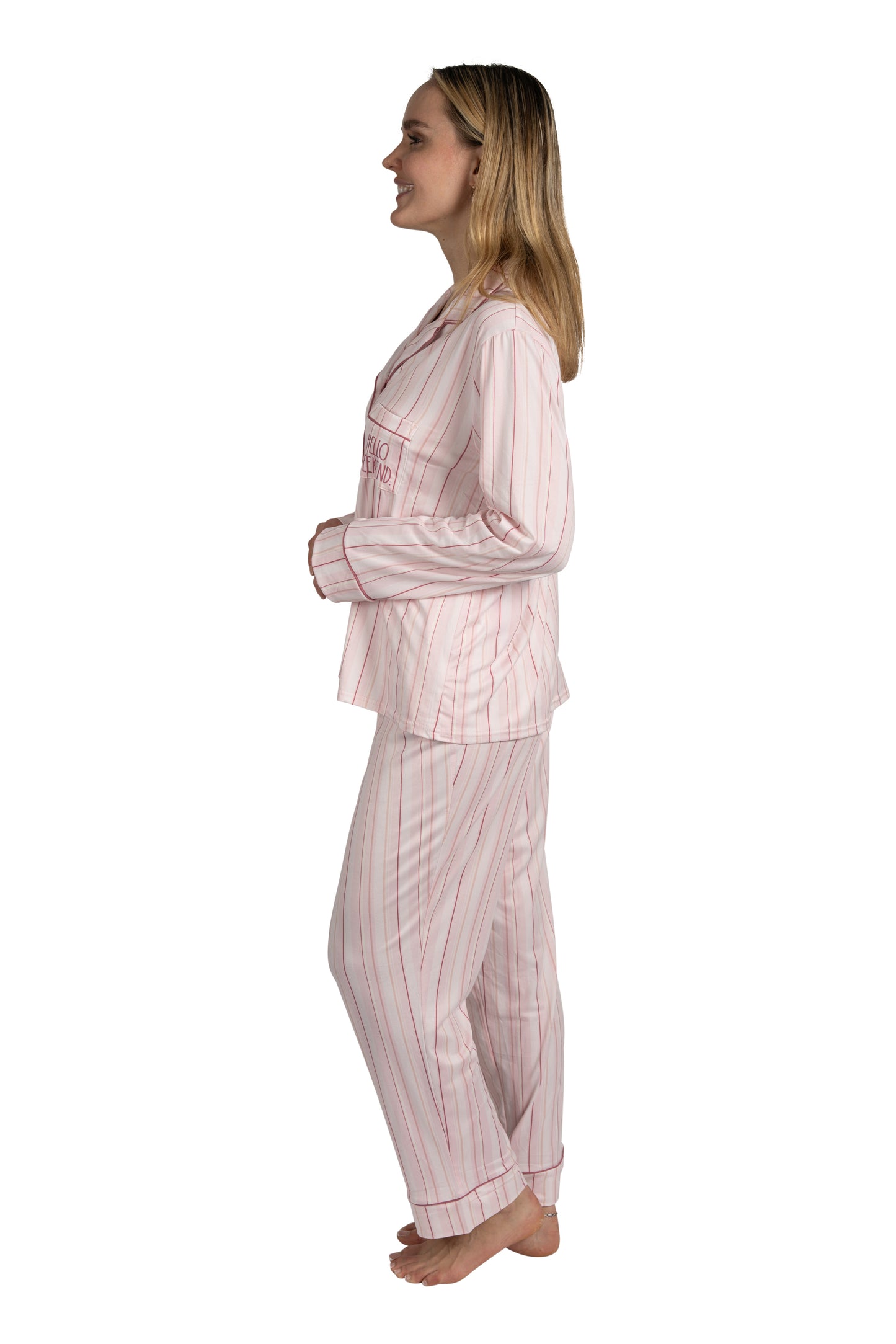 Women's "HELLO WEEKEND" 2-Piece Long Sleeve Notch Collar Top and Pants Pajama Set Recycled Fabric