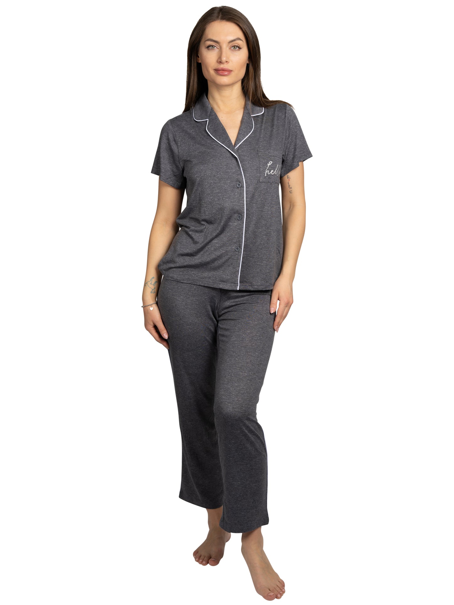 Women's "HELLO" 2-Piece Short Sleeve Notch Collar Top and Pants Pajama Set Recycled Fabric